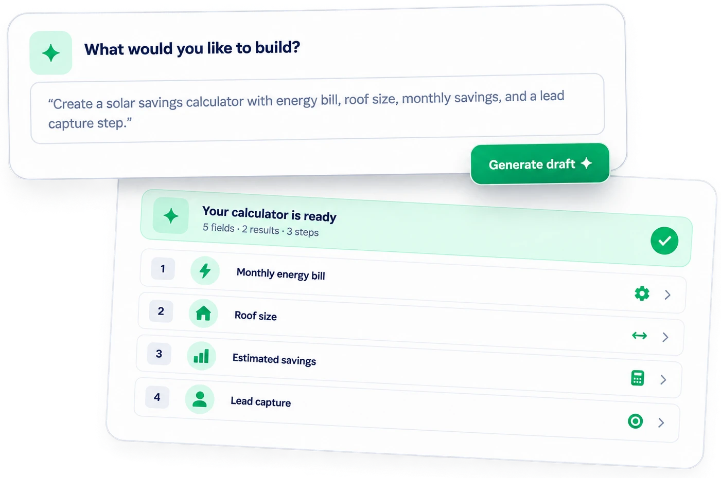 Describing a solar savings calculator in plain language and the fields Embedsheets generated from it